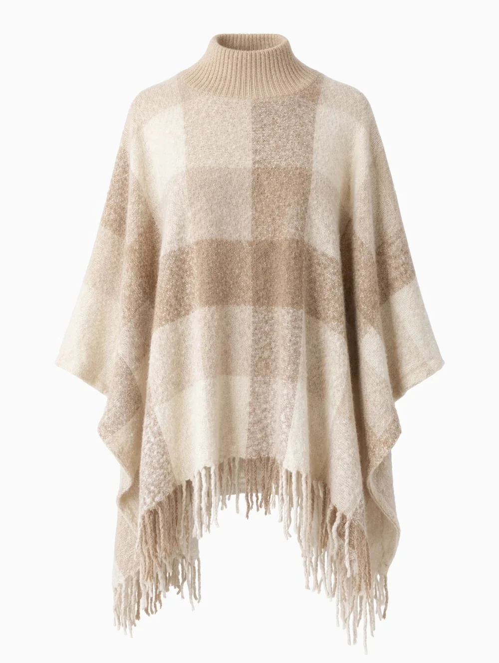 Neutral Cream & Tan Plaid Turtleneck Poncho